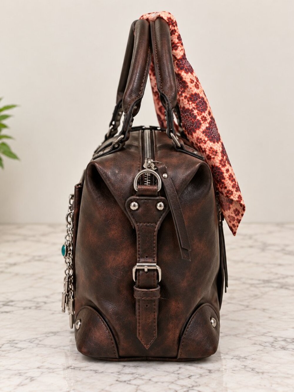 Madden NYC Brown Distressed Satchel Bag w/ Charms - Picture 5 of 7